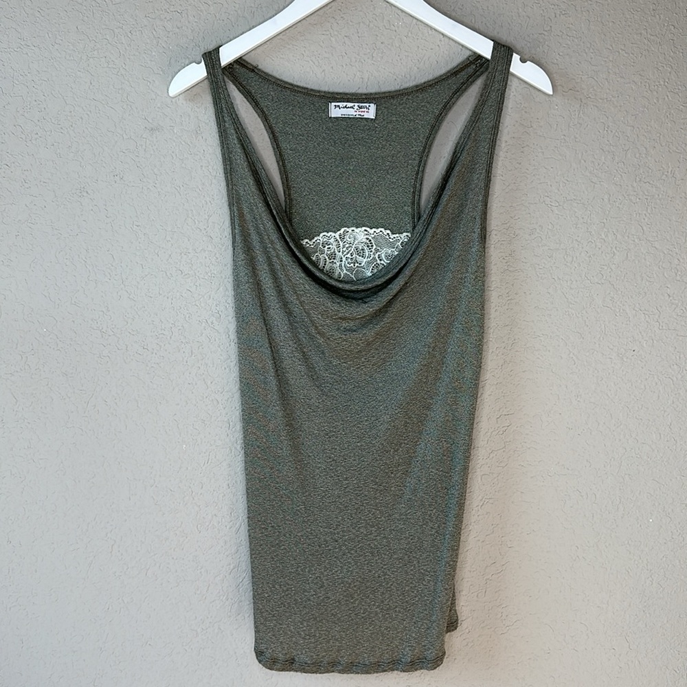 Michael Stars Drapey Shine Tank Drape Neck Lace Tank Green‎ Metallic Size OS